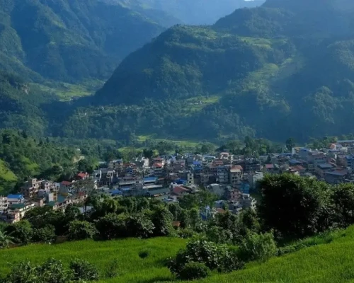 Aerial View Of Besisahar Village Way To Manang
