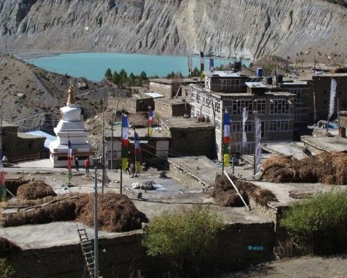 Manang Village Aerial View With Lake